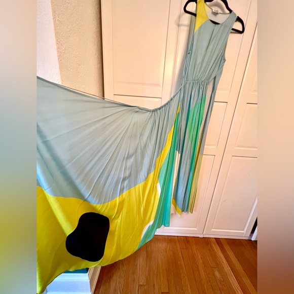 THE KIT. Size M Maxi Wrap Dress with Green Blue White Asymmetrical Print - Picture 3 of 5